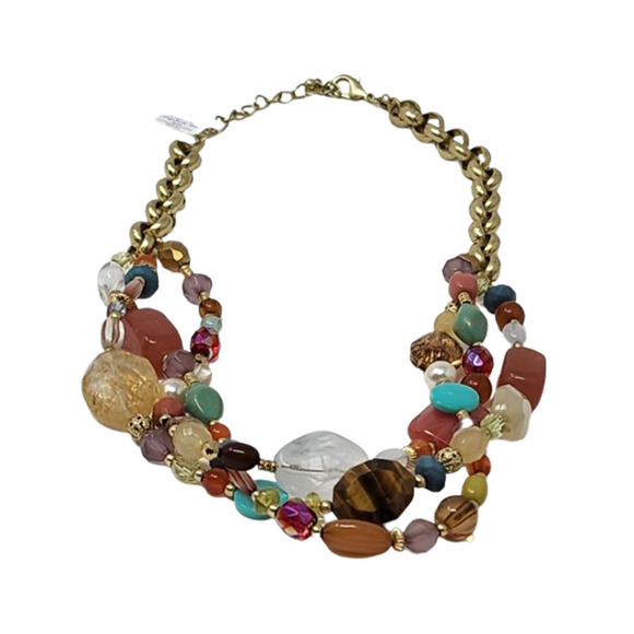 Lia Sophia Tigers Eye, Quartz, Resin Beads Strand Necklace Antique Gold (18-21") - Picture 4 of 10